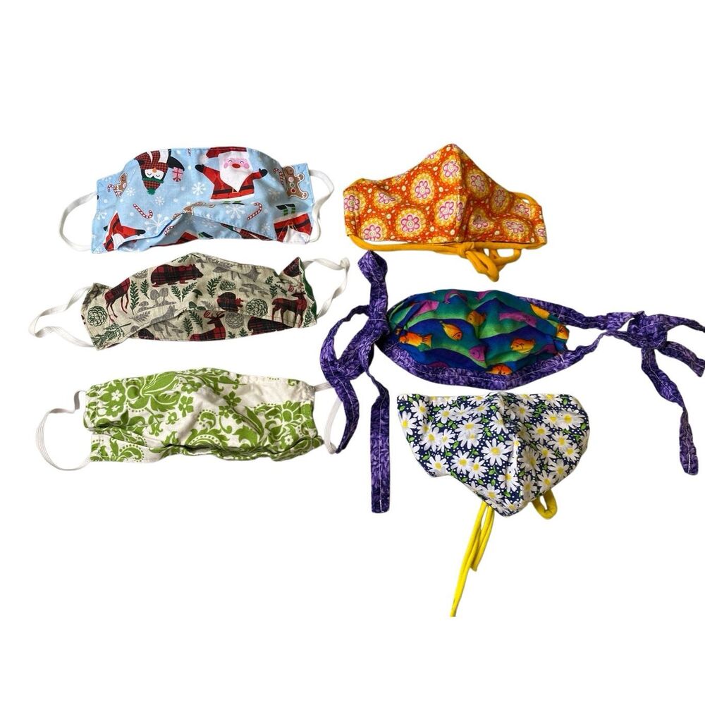 Handmade Fabric Face Masks Floral Holiday Fish Reusable Lot Of 6 Mixed Workwear
